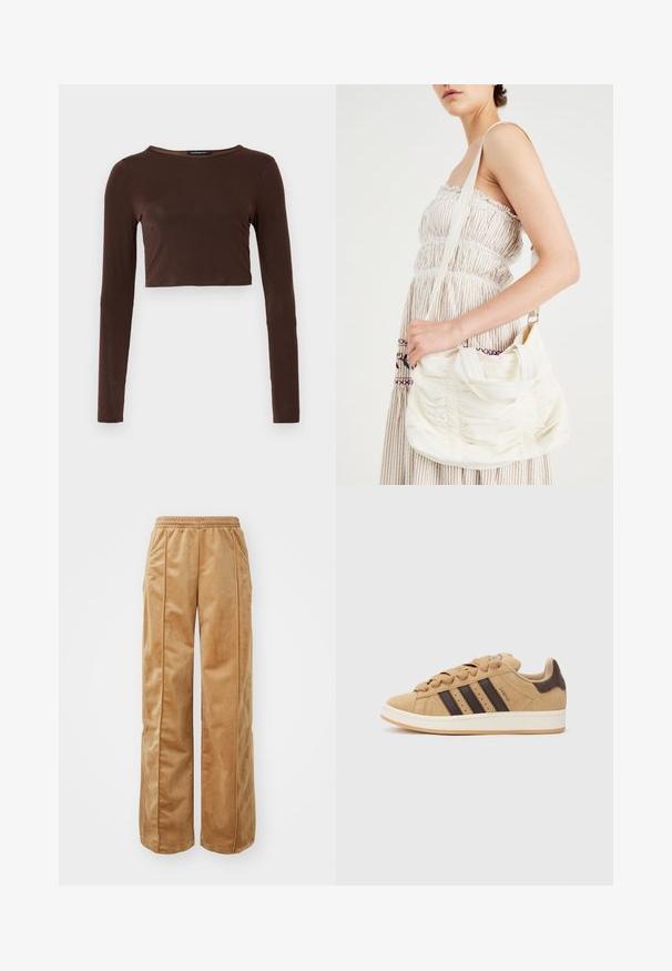 Brūns garo piedurknu kropts topiņš, izgatavots no gludas materiāla, ar apaļu kakla izgriezumu un pieguļošu dizainu. Nav redzamu rakstu vai akcentu.; Gaiši brūnas platās kājas bikses, kas izgatavotas no mīksta, samtaina materiāla. Iezīmēta ar elastīgu jostu un vertikālām šuvēm gar priekšpusi, lai pievienotu papildu detaļas.; Brūni zamšādas sneakers ar trim tumši brūnām svītrām, baltu zoli un bēšu auklām. Kombinēti ar tirkīza un baltām svītrainām biksēm.; Balta auduma plecu soma ar savelku tekstūru, regulējamu siksnu un sudraba furnitūru. Izvietota blakus krēmkrāsas kleitai.