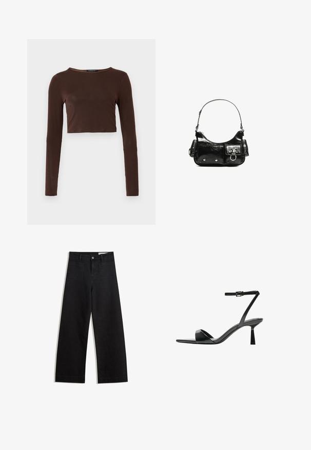 Brown long-sleeve cropped top made of smooth material, featuring a rounded neckline and form-fitting design. No visible patterns or accents.; Black wide-leg denim pants with a high waist, featuring front and back pockets, stitched seams, and a button closure. Smooth texture.; Bershka High heeled sandals - black; Black patent leather handbag with a curved shape, one shoulder strap, front pockets, and silver-tone hardware accents.