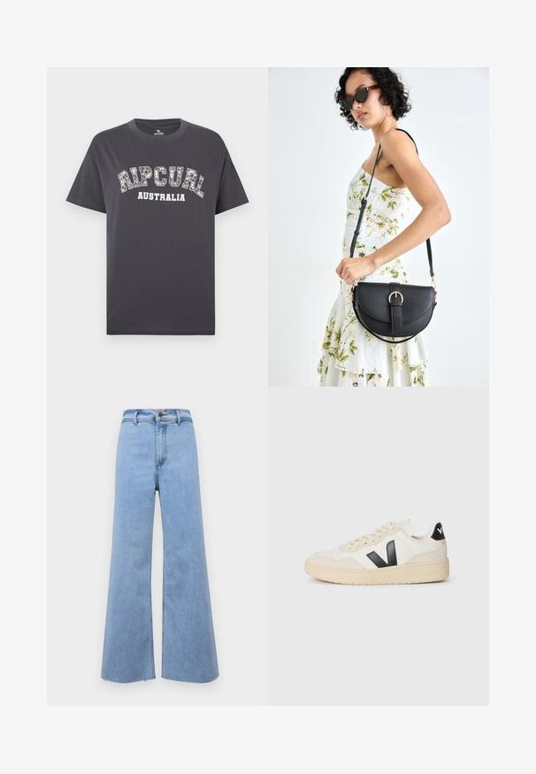 Dunkelgraues Baumwoll-T-Shirt mit kurzen Ärmeln, versehen mit einem weißen, gebogenen Aufdruck des Logos "RIPCURL AUSTRALIA" in fettem Stil.; Hellblaue Weite Jeans mit hoher Taille, fransigem Saum und Knopfverschluss vorne. Hergestellt aus Denim, mit glatter Textur und klaren Linien.; Off-white Sneaker mit beige Sohle, schwarzem "V" Logo an der Seite, Schnürsenkeln und schwarzem Fersenpatch mit weißen Buchstaben.; Schwarze Lederhandtasche mit geschwungener Form, abnehmbarem Tragegurt und goldenen Beschlägen. Die Tasche verfügt über einen Deckel mit einer Schnallen-Details.