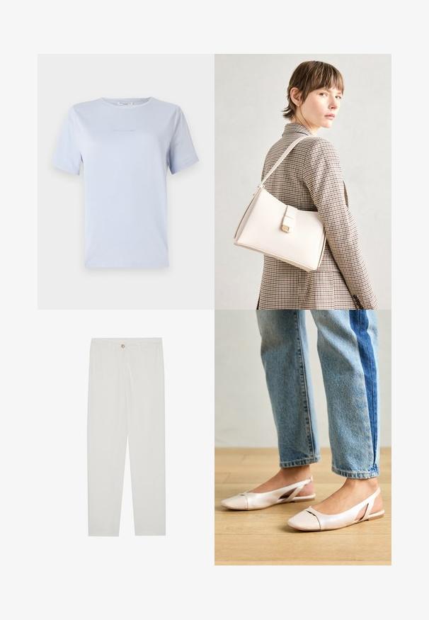 T-shirt azul claro de manga curta, feito de um tecido macio, com um decote redondo e uma impressão de logotipo subtil. Design simples, ajuste descontraído.; Calças brancas, ajustadas, com um design de perna reta, apresentando um fecho de botão, passantes para cinto e bolsos laterais; textura de tecido suave.; Sapatilhas slingback de cor rosa pálido com bico fino, feitas de um material semelhante a couro liso. Apresentam detalhes recortados nas laterais e um salto plano.; Bolsa de mão em couro branco com um design estruturado, apresentando um fecho magnético e uma alça de ombro, exibida sobre um fundo neutro.