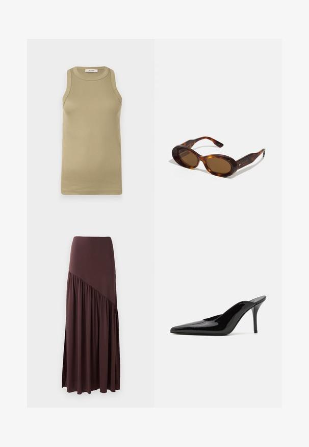 Olivově zelený žebrovaný tílko s kulatým výstřihem a bezrukávovým designem. Hladká textura s přiléhavým střihem, značka na výstřihu.; Zelený saténový top s dlouhým rukávem, s draped cowl výstřihem, hladkým povrchem a zkráceným lemem, který prezentuje štíhlý a elegantní design.; Hnědá maxi sukně vyrobená z měkké látky. Má přiléhavý pás a asymetrický design se shromážděním na jedné straně.; Černé lakované kožené muly na vysokém podpatku s špičatou špičkou a elegantním siluetou, s otevřenou zadní částí a štíhlým stiletto podpatkem.; Kočičí sluneční brýle s oválnými skly, hnědým tónem a zlatými akcenty na ramenech. Silné rámy s lesklým povrchem a hladkou texturou.; Bezešvá saténová taška s uzlem nahoře, s jemnou, hladkou texturou a zakulaceným tvarem, navržena tak, aby byla jednoduchá a elegantní.; Rabanne XL LINK DOUBLE HOOP EARRING - Náušnice - silver-coloured