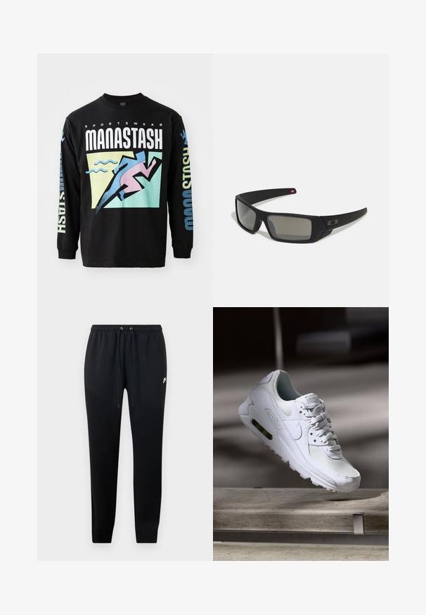 Sort langærmet t-shirt med et grafisk design, der viser en løber i pink, geometriske former og tekst i hvid og blå, lavet af bomuld.; Sorte sweatshirtbukser lavet af blødt stof, med elastisk talje og snoretræk, ribbede ankler og en lille logo-detalje på siden.; Hvide Nike Air Max 90 sneakers med en overdel i mesh og læder, perforeret tåboks og en synlig luftenhed i hælen.; Sorte solbriller med mat finish, rektangulære linser, let kurve ved templerne, diskret logo detaljer og røgfarvede linser.