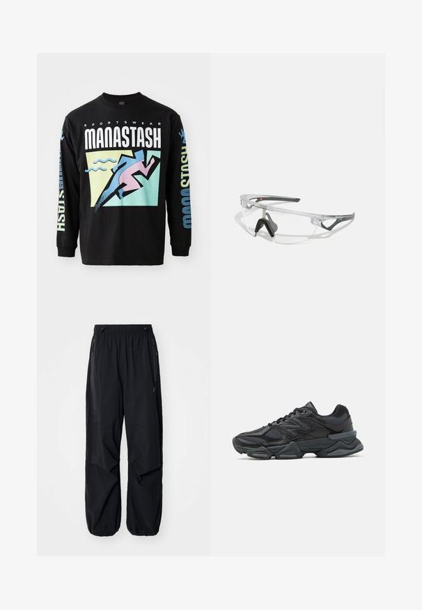 Fekete hosszú ujjú póló, amely egy futót ábrázoló grafikai tervezéssel, rózsaszín geometrikus formákkal, valamint fehér és kék színű szöveggel készült, pamutból.; Fekete, könnyű munkásnadrág elasztikus derékrésszel, oldalsó cipzárokkal és tágas zsebekkel. Lazán illeszkedik, és szűkülő bokákkal rendelkezik.; Fekete futócipő, mely háló és szintetikus anyagok keverékéből készült, vastag talppal, ívelt kialakítással és hangsúlyos logóval az oldalon.; Áttetsző, könnyű keretes biztonsági szemüveg szürke kiegészítőkkel. Wraparound kialakítással és állítható orrnyereggel rendelkezik.
