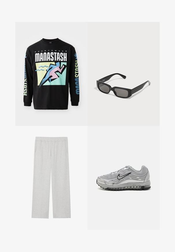 Zwarte lange mouwen t-shirt met een grafisch ontwerp van een hardloper in het roze, geometrische vormen en tekst in het wit en blauw, gemaakt van katoen.; Lichtgrijze, wijde sweatpants van zacht materiaal. Heeft een elastische tailleband en zijzakken. Gladde textuur met een strak ontwerp.; Grijze Nike Air Max sneakers met een bovenwerk van gaas en synthetisch materiaal, golfachtig ontwerp, zwarte accenten en een zichtbare luchtkussening.; Zwarte rechthoekige zonnebril met grijs-getinte lenzen, gemaakt van glad plastic. Kenmerkt zich door een minimalistisch ontwerp met rechte pootjes en subtiele branding.