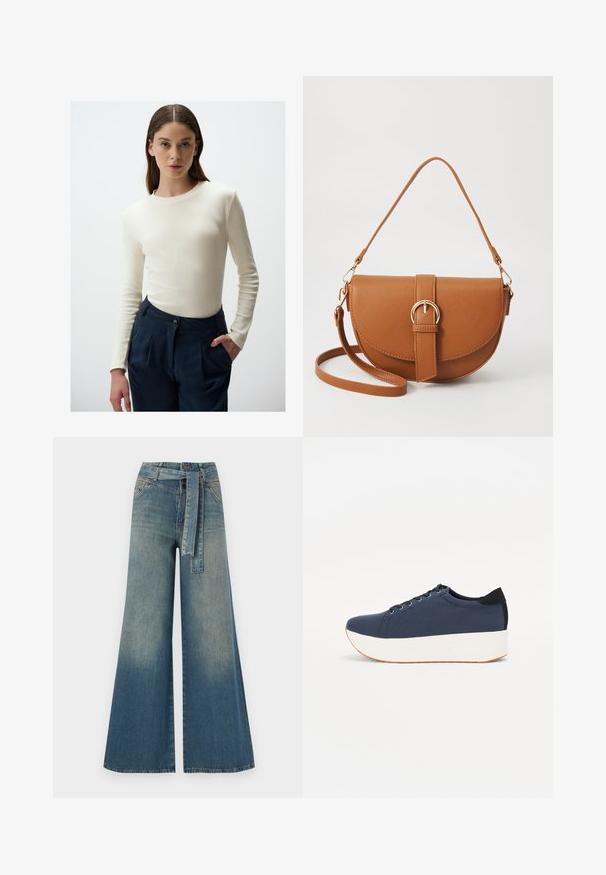 Langsleeve, geribbelde crèmekleurige top gecombineerd met hoge taille marineblauwe broek, met knoopdetail en zijzakken. Eenvoudig ontwerp en gladde textuur.; Wijduitlopende denim broek met een lichte naar donkere blauwe gradient, hoge taille, riemlussen en een bijpassende stoffen riem. Gestructureerde denimafwerking.; Marineblauwe sneaker met een textuurstof bovenwerk, witte platformzool, ronde neus en zwart hakaccent. Voorzien van zes gaatjes voor veters.; Bruine leren schoudertas met een gebogen vorm, gouden hardware en een gespaccent. Bevat een afneembare schouderriem.