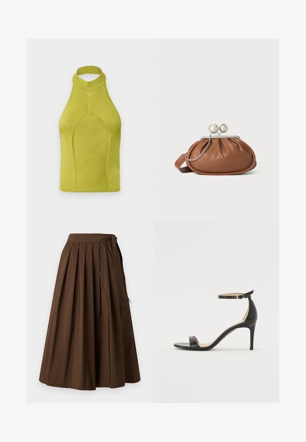 Top halter de punto en un vibrante verde lima, con un alto cuello, diseño sin costuras y textura acanalada, adecuado para ropa deportiva.; Falda plisada marrón hecha de tela con una textura suave, que presenta una cintura alta y un detalle de lazo en el lateral para el cierre.; Sándalo de tacón alto de piel negra con tiras en el tobillo. Presenta una textura suave, puntera abierta y un tacón delgado. Detalles de hebilla en tono dorado.; Bolso de mano de cuero marrón con cierre de bola plateada y un pequeño detalle de cadena plateada sobre un fondo blanco.