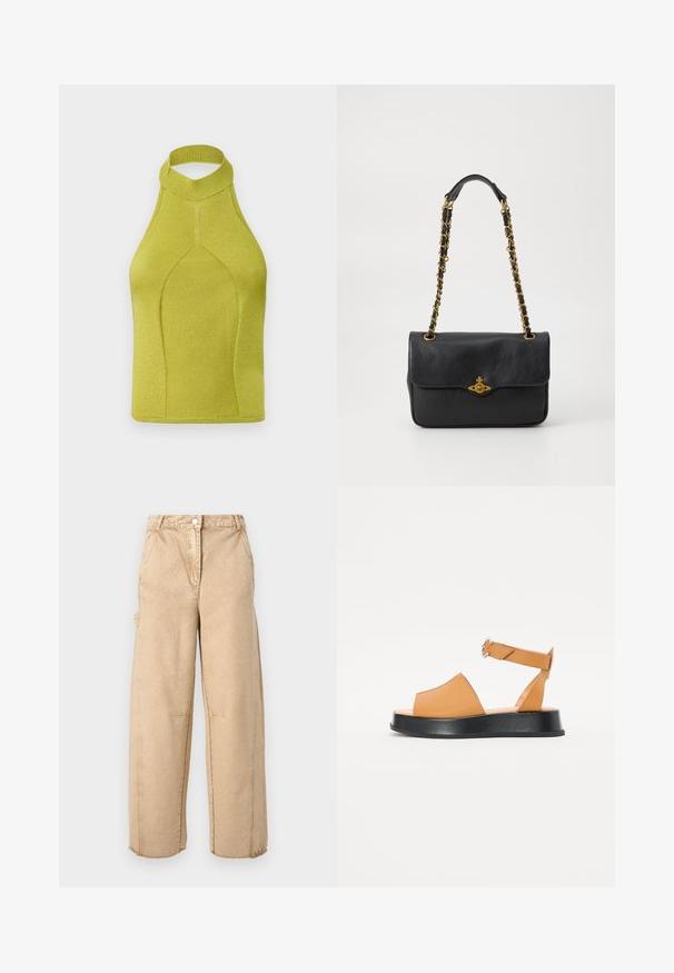 Stickad halterneck-top i livlig limegrön, med hög krage, sömlös design och ribbat mönster, lämplig för aktivt bruk.; Beiga vida byxor med knappstängning, två sidofickor, lätt slitage och fransade nederkanter. Tillverkade av ett mjukt, texturerat tyg.; Brun lädersandal med bred front, öppen tå, justerbar rem och en tjock svart plattformssula. Slät textur och minimalistisk design.; Svart läderhandväska med vikbar lucka, kedjeschans i guldton och logotypdetalj på framsidan. Slät textur.