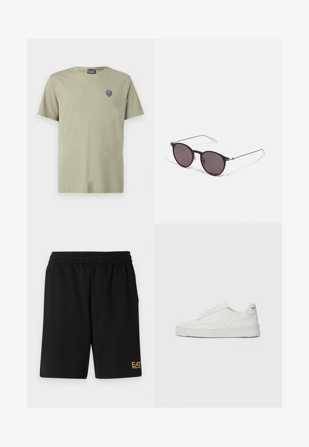 T-shirt verde claro feita de algodão macio, com decote redondo e mangas curtas. Inclui um pequeno emblema preto com o logotipo no peito.; Calções desportivos pretos feitos de um tecido suave, com um cós elástico e um pequeno logótipo amarelo EA7 na parte inferior da perna esquerda.; Sapatilha de couro branco com acabamento suave, bico redondo, atacadores planos e uma sola texturizada. Apresenta um logotipo discreto no calcanhar.; Óculos de sol redondos pretos com lentes escuras e hastes metálicas finas. Inclui pontas de templo transparentes e detalhes em prata na dobradiça. Design minimalista.