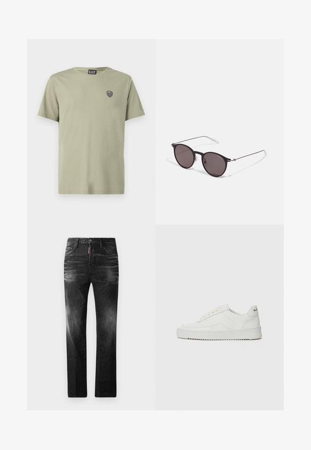 Vaaleanvihreä T-paita, joka on valmistettu pehmeästä puuvillasta. Paidassa on pyöreä pääntie ja lyhyet hihat. Rinnassa pieni musta logopatch.; Mustat denimfarkut suoralla istuvuudella. Ominaisuuksiin kuuluu haalistuneita alueita, pieniä kulumia, klassinen viiden taskun malli sekä nappisulku.; Valkoinen nahkakenkä, jossa on sileä pinta, pyöreä kärki, tasaiset nauhat ja teksturoitu pohja. Sisältää huomaamattoman logon kantapäässä.; Musta pyöreä aurinkolasit tummilla linsseillä ja kapeilla metallikehyksillä. Sisältää kirkkaat temppelet ja hopeiset yksityiskohdat saranassa. Minimalistinen muotoilu.