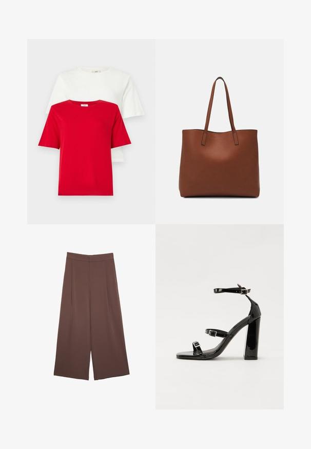 T-shirt in cotone rosso e bianco impilati con collo rotondo e maniche corte. Design semplice, texture liscia e senza motivi o dettagli visibili.; Pantaloni ampi marroni con una texture liscia, caratterizzati da una vita alta e pieghe frontali. Il tessuto è leggero e scorre liberamente.; Sandali con tacco in vernice nera, con punta squadrata, cinturini alla caviglia e fibbie in argento. Presentano un tacco a blocco spesso per maggiore stabilità.; Borsa tote in pelle marrone con texture liscia, design con apertura superiore e due spallacci. Presenta cuciture minime e nessun hardware visibile.