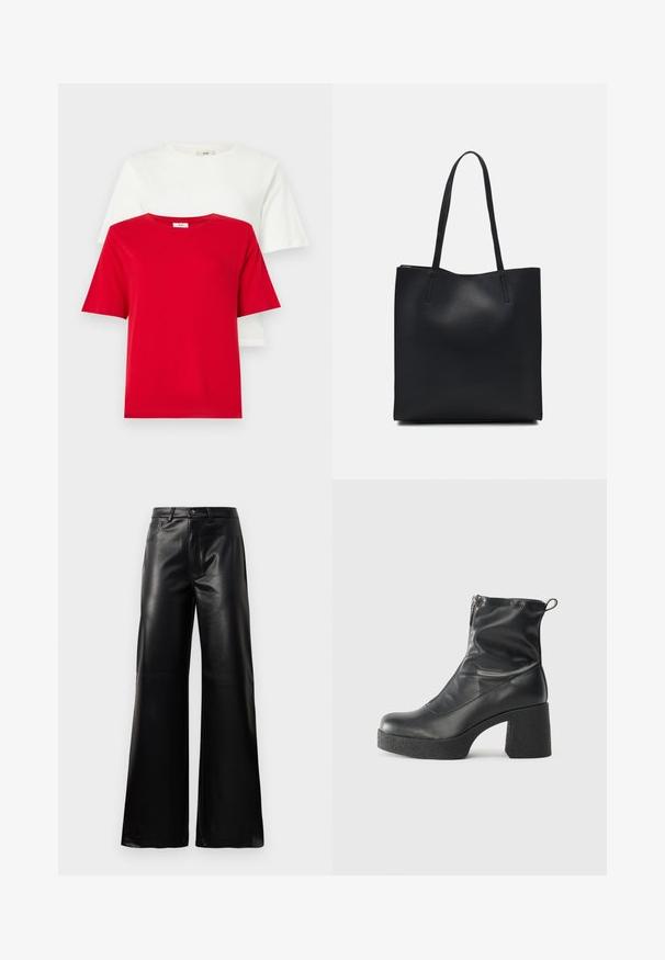 Røde og hvite bomulls t-skjorter stablet med rund hals og korte ermer. Enkel design, glatt tekstur, og ingen synlige mønstre eller detaljer.; Sorte høy midje vide ben bukser i imitert skinn med knapp foran, glidelås, beltehemper og sidelommer på hvit bakgrunn.; Svarte ankelstøvler laget av glatt lær, med glidelås på siden, chunky strukturert hæl, og rund tå-design.; Svart lær tote bag med glatt tekstur, rektangulær form og to lange håndtak. Ingen synlige deler eller dekorasjoner.