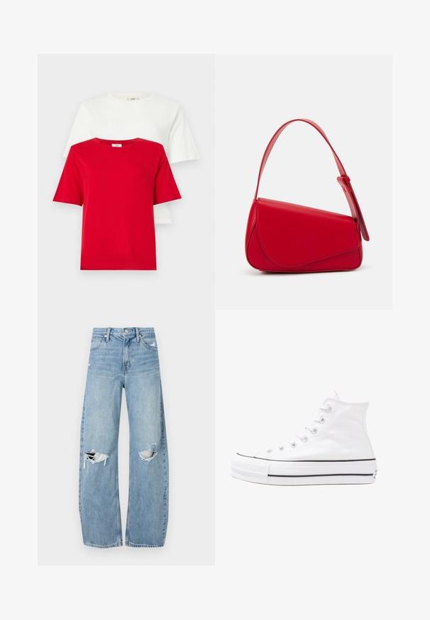 Punaiset ja valkoiset puuvillaat T-paidat pinottuna, joissa on pyöreät kaula-aukot ja lyhyet hihat. Yksinkertainen muotoilu, sileä kangas ja ei näkyviä kuvioita tai yksityiskohtia.; Vaaleansiniset, korkeavyötäröiset farkut, jotka on valmistettu denimmateriaalista. Ominaisuuksiin kuuluvat leveät lahkeet, kaksi revittyä polvialuetta ja klassinen viiden taskun tyyli.; Valkoiset korkeavartiset kangaskengät mustalla kumipohjalla, edessä kuminen varvasosa ja kuusi nauha-aukkoa, puhtaan minimalistisella muotoilulla.; Punainen nahkalaukku, jossa on kulmikas, geometrinen muotoilu. Varustettu yhdellä säädettävällä hihnalla ja läpällä, jossa on ommeltu yksityiskohtia.