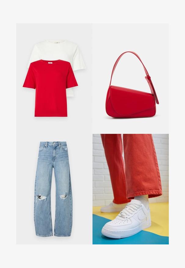 Punaiset ja valkoiset puuvillaat T-paidat pinottuna, joissa on pyöreät kaula-aukot ja lyhyet hihat. Yksinkertainen muotoilu, sileä kangas ja ei näkyviä kuvioita tai yksityiskohtia.; Vaaleansiniset, korkeavyötäröiset farkut, jotka on valmistettu denimmateriaalista. Ominaisuuksiin kuuluvat leveät lahkeet, kaksi revittyä polvialuetta ja klassinen viiden taskun tyyli.; Valkoinen nahkakengät, joissa on rei'itetty varvasosa, teksturoitu pohja ja valkoiset nauhat, yhdistettynä leveisiin punaisiin housuihin ja sinikeltaiseen taustaan.; Punainen nahkalaukku, jossa on kulmikas, geometrinen muotoilu. Varustettu yhdellä säädettävällä hihnalla ja läpällä, jossa on ommeltu yksityiskohtia.