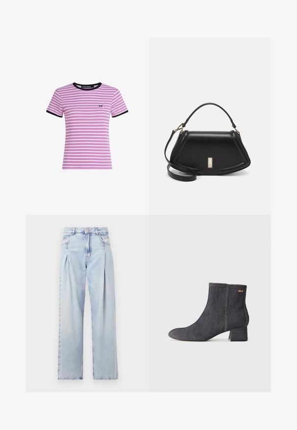 Short-sleeve, ribbed t-shirt in pink with white stripes, featuring a black crew neck and sleeve trim, with a small graphic accent on the chest.; Light blue denim jeans with a high waist, wide-leg cut, two side pockets, and pleated design feature. Soft texture with a faded finish.; Dark denim ankle boot with a pointed toe, block heel, visible stitching, and a subtle brand logo on the side. Smooth texture.; Black leather handbag with a structured design, featuring a cropped shape, top handle, and gold hardware accent. Adjustable shoulder strap included.
