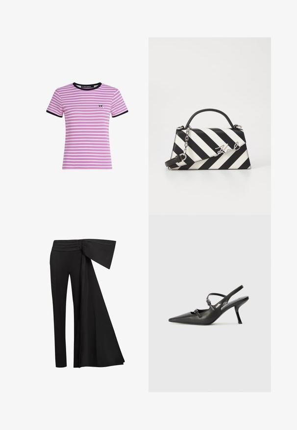 Korte mouw, geribbelde t-shirt in roze met witte strepen, voorzien van een zwarte rondhals en mouwafwerking, met een kleine grafische accent op de borst.; Zwarte broek met een brede, gedrapeerde sjaaldetail bij de taille. Gladde stof, rechte pijp en geplooide tailleband.; Zwarte leren slingback hakken met een spitse neus, slanke hak en decoratieve gespdetails op de bovenkant. Gladde textuur en een strakke uitstraling.; Zwart-wit gestreepte handtas met een gestructureerde vorm, voorzien van een bovenhandvat, een afneembare kettingriem en een metalen logo-accent.
