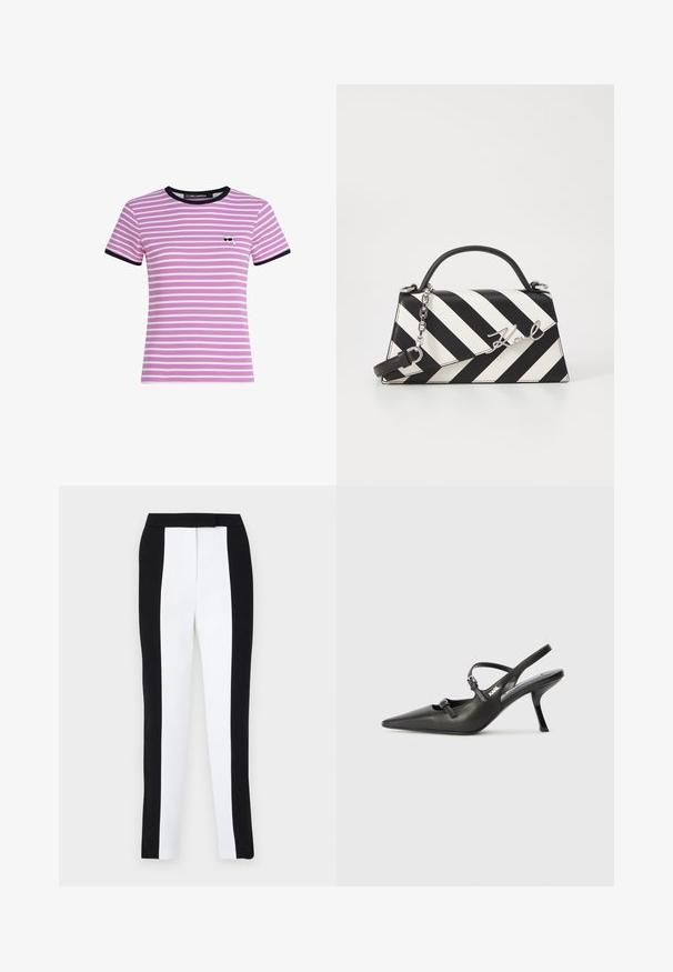 Camiseta de manga corta de punto en rosa con rayas blancas, con un cuello redondo y ribete de manga negros, y un pequeño acento gráfico en el pecho.; Pantalones ajustados de corte tapered en blanco y negro, con un ajuste slim y paneles en contraste. La tela tiene una textura suave; la cinturilla es plana y ajustada.; Tacones slingback de cuero negro con punta afilada, tacón delgado y detalle decorativo de hebilla en la parte superior. Textura suave y diseño elegante.; Bolso de mano a rayas en blanco y negro con una forma estructurada, que cuenta con un asa superior, una correa de cadena desmontable y un acento de logo metálico.