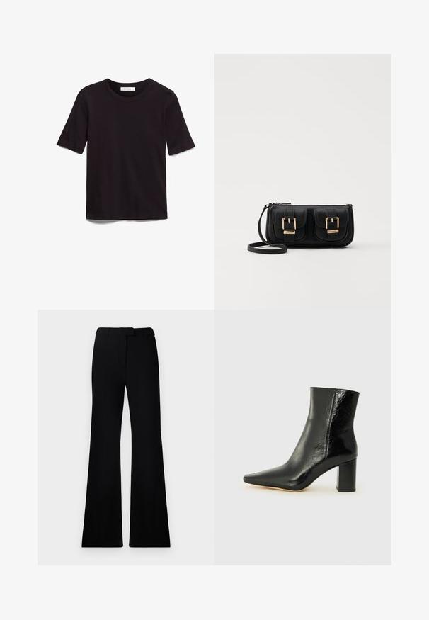 Juodas trumpas rankovės T-shirt, pagamintas iš minkštos medvilnės, su apvaliu kaklu ir lygiu, tolygiu paviršiumi bei minimalistiniu dizainu.; Juodos platėjančios kelnės su lygiu paviršiumi, pritaikyta juosmeniu ir priekinių kišenių dizainu, sukurtos su modernia, elegantiška siluetu.; Juodos kulkšninių botai, pagaminti iš blizgaus odos, su smailiu nosiu ir storo kvadratinio kulno. Išsiskiria lygiu paviršiumi ir minimalizmo stiliumi.; Juodas odinis per petį nešiojamas krepšys su dviem priekiniais kišenėmis, auksiniais sagtimis, užtrauktuko uždarymu ir siauromis petnešomis. Textūruota paviršius ir kompaktiškas stačiakampis formatas.