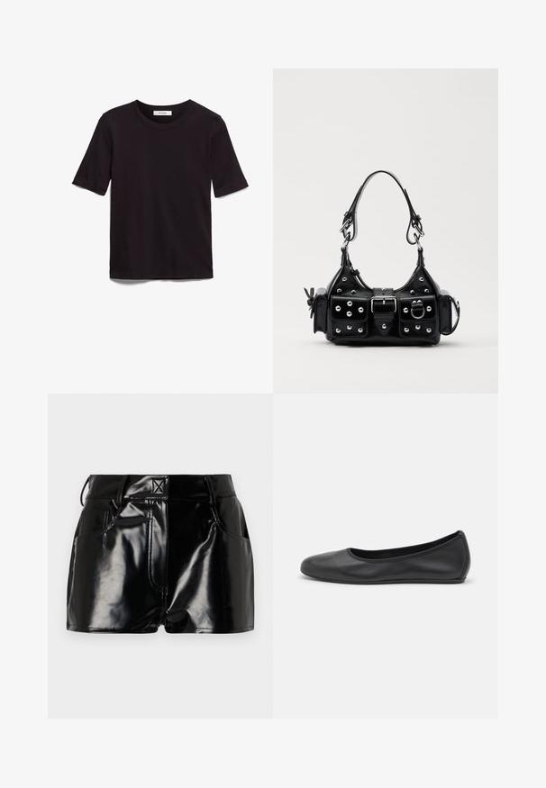 Must ja lühikeste varrukatega T-särk, mis on valmistatud pehmest puuvillast. Särgil on ümmargune kaelus ja sile, ühtlane tekstuur koos minimaalsete disainielementidega.; Mustad, läikivad lühikesed püksid sünteetilisest materjalist. Omab kitsast piha, vöölõike ja esimesi taskuid, millel on silmapaistvad õmbluse detailid.; Musthave mustika tantsutossud mustast nahast, ümmarguse varbaga, siledast tekstuurist, minimaalse õmblusdetailiga ja paindliku tallakujundusega.; Must värvi nahast käekott, millel on kaarjas disain, hõbedased nupukesed, kinnitusahe ja kaks külgtaskut. Reguleeritav rihm erinevate kandmisvõimaluste jaoks.