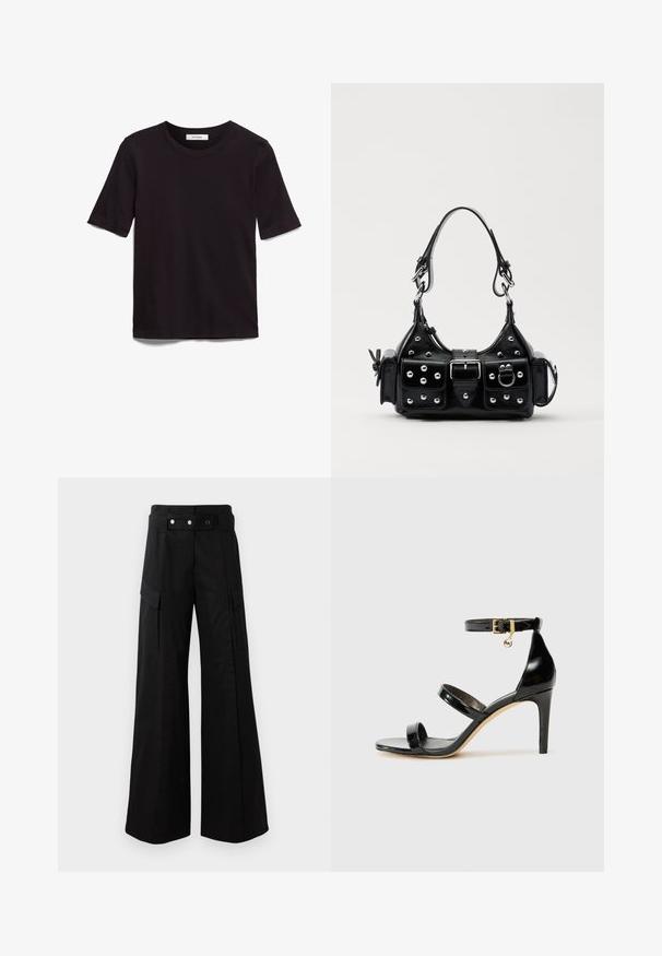 Čierne tričko s krátkym rukávom vyrobené z jemnej bavlny, s okrúhlym výstrihom a hladkým, rovnomerným povrchom s minimálnym dizajnom.; Čierne široké nohavice s vysokým pásom, ktoré majú veľké bočné vrecká, dva predné gombíky a detaily v podobe slučiek. Vyrobené z pevnej tkaniny.; Čierne lakované sandále s tromi pásikmi, spona na členku a 10 cm ihlovým podpätkom. Obsahujú zlaté detaily s hardwarem a logo prívesok.; Čierna kožená kabelka s zakriveným dizajnom, doplnená striebornými cvočkami, prackou a dvoma bočnými vreckami. Nastaviteľný popruh poskytuje rôzne možnosti nosenia.