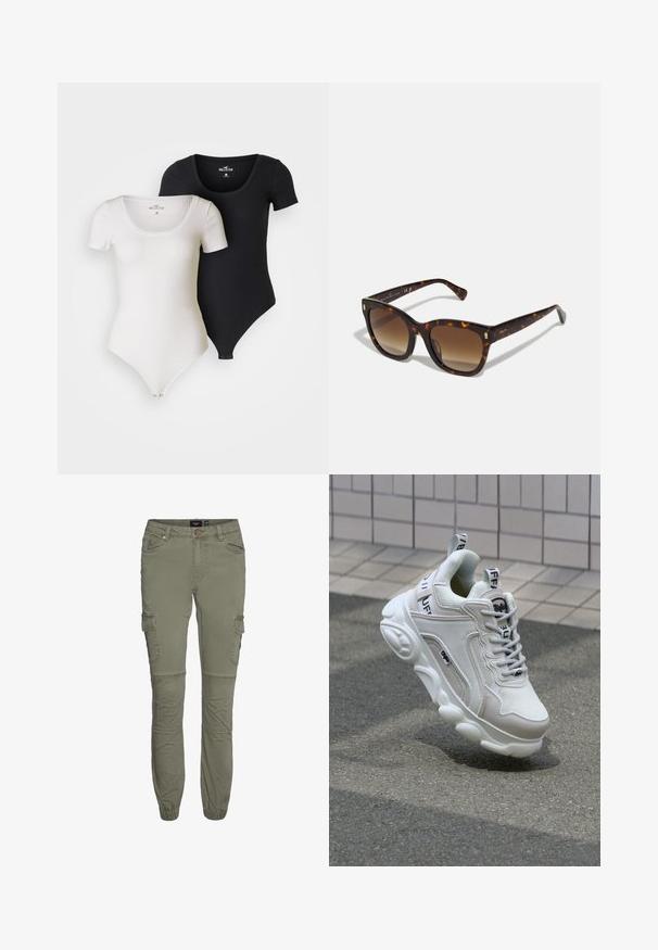 Divi riboti bodiji baltā un melnā krāsā. Iespējas ar apaļu kakla izgriezumu, īsām piedurknēm un snap slēgšanu apakšā. Elastīgs audums.; Olīvzaļi kravas bikses izgatavotas no izturīgas kokvilnas maisījuma ar sašaurinātiem aizdariem, vairākām kabatām un ceļa krokām, lai nodrošinātu papildu mobilitāti.; Baltas sneakers ar sieta un ādas materiāliem, noapaļota purngala, bieza zole, izteiksmīgas šnīres un zīmols uz papēža un mēles.; Lietussargu formas saulesbrilles ar gradienta brūnajām stikliem, kurām ir zeltīti akcenti uz tempļiem un bieza, spīdīga rāmja.