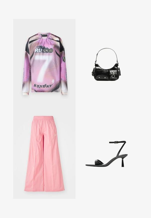 Hosszú ujjú mez, pink-fekete átmeneti dizájnnal, 7-es számmal, márka logókkal és különböző grafikai elemekkel fehér és fekete színben.; Rózsaszín, széles lábú nadrág, könnyű anyagból készült, elasztikus derékkal és finom fehér oldalsávokkal. Kicsi logó az elején.; Bershka Magas sarkú szandálok - black; Fekete lakkbőr kézitáska ívelt formával, egy vállpánttal, elülső zsebekkel és ezüstszínű fémrészletekkel.