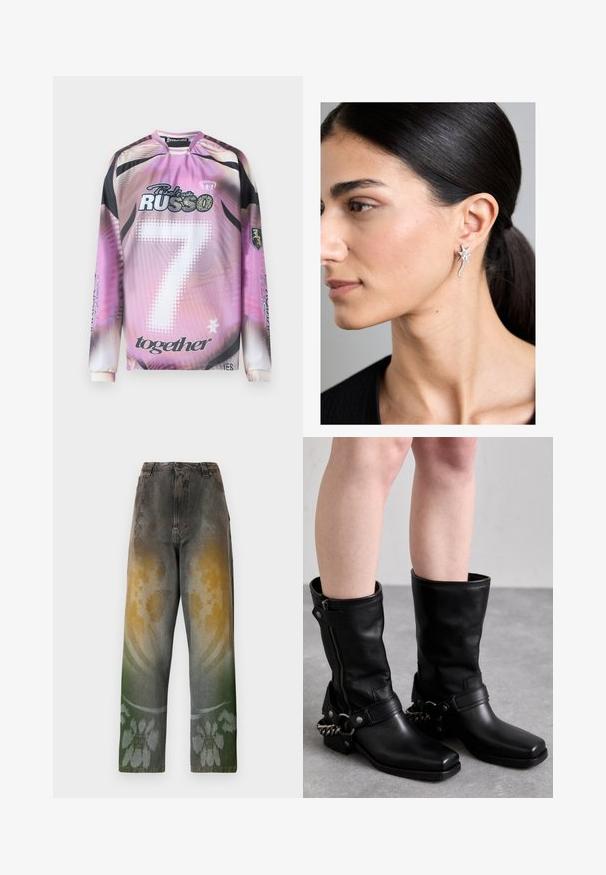 Pikad varrukad ja gradientse roosa-musta disainiga jerser, millel on number 7, brändi logod ja erinevad graafilised aktsendid valge ja musta värviga.; Kõrge vöökohaga teksad, mis on valmistatud pleekinud denimist ja millel on gradientmuster, mis segab kollase, rohelise ja sinise toone; lilleline muster vahetult allääres.; Mustad mustad kõrge teksad mustast nahast ruudukujulise varbaga, külgrihmaga ja reguleeritava rihmaga, millel on metallketi aksent. Mati viimistlus ja tugev tald.; Säravast hõbedast tähekujuga kõrvarõngad, millel on joontevoolav muster, esile tõstetud poleeritud pinnaga ja kirkaid kividetailidega.