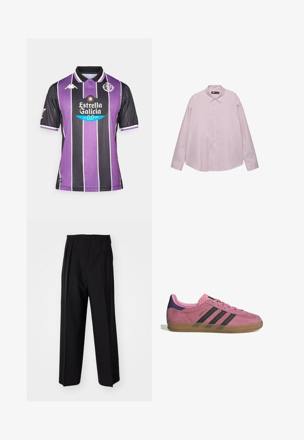 Lila és fekete csíkos focimez, gallérral, középen logóval és fehér részletekkel az ujjakon és az alján. Lélegző anyagból készült.; Világos rózsaszín gombos ing, függőleges kék csíkokkal, galléros nyakkal, hosszú ujjakkal és laza fazonnal. Simogató anyagból készült, enyhe fényességgel.; Fekete, pliszírozott nadrág, egyenes, széles lábakkal. Sima anyagból készült, gombos záródással és övhurkokkal rendelkezik.; Rózsaszín velúr sportcipő fekete csíkkal, gumi talppal és texturált lila sarokkal. Fűzős kialakítással és a márka dombornyomott logójával az oldalon.