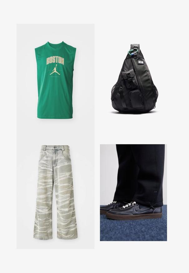 Camisola atlética verde sem mangas com "BOSTON" em dourado e logo de silhueta de basquetebol. Tecido suave com um corte descontraído.; Jeans de denim cinza claro com perna larga, apresentando padrões abstratos brancos, cinco bolsos e fecho frontal com botão. Detalhe de bainha desfiada.; Nike Sportswear KILLSHOT 2 LTR PRM OPP2 - Sapatilhas - black sail baroque brown mtlc dk grey; YOURTURN UNISEX - Mochila - black