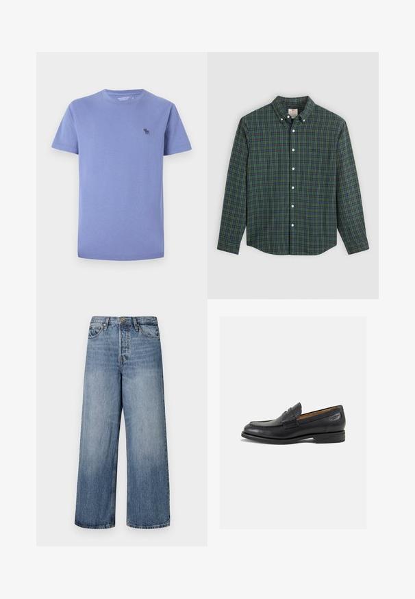 Tricou din bumbac lavandă deschis, cu guler rotund, mâneci scurte, având un mic logo brodat într-o nuanță mai închisă pe pieptul stâng.; Cămașă cu mânecă lungă, cu nasturi, cu un model tartan verde, albastru și galben, nasturi albi și guler cu nasturi.; Jeans din denim blue, cu croială largă, cu un finisaj decolorat, design cu cinci buzunare și închidere cu buton. Echipate cu bucle pentru curea și detalii cusute.; Mocasini din piele neagră cu o finisare netedă, vârf rotund și cusături decorative pe partea superioară. Toc mic și stivuit, cu o ușoară strălucire.