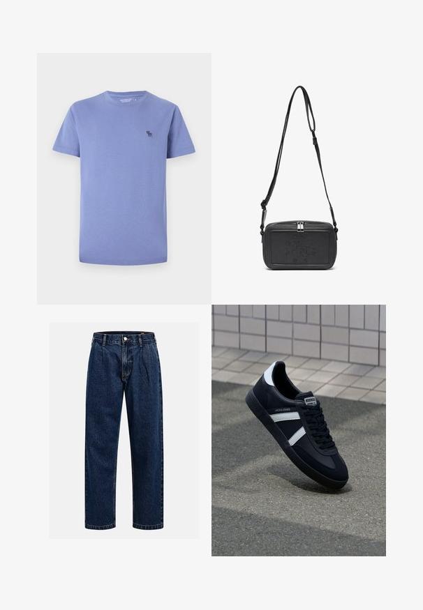 Camiseta de algodón de lavanda clara, con cuello redondo y mangas cortas, que presenta un pequeño logo bordado en un tono más oscuro en el lado izquierdo del pecho.; Jeans de mezclilla azul oscuro con un diseño de pierna recta. Presentan costura visible, cierre de botón y pliegues frontales para un detalle adicional.; Zapatilla de cuero negra con rayas blancas, suela de goma texturizada y parte frontal con cordones. Cuenta con una etiqueta de marca en la lengüeta.; Bolso cruzado de piel negra con cierre de cremallera, logotipo embossing en el frente y correa ajustable. Textura suave con forma rectangular.