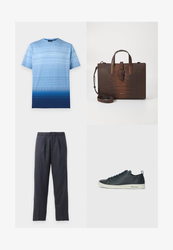 Blue gradient t-shirt featuring horizontal stripes in varying shades of blue. Made of cotton with a crew neckline and short sleeves.; Dark navy trousers made of soft fabric with a pleated front design and elastic waistband. Features a button closure and straight-leg cut.; Dark navy leather sneaker with a smooth finish, rounded toe, six eyelet lacing, and contrasting white rubber sole. Features branding on the side.; Brown crocodile-embossed leather handbag with top handles and a detachable shoulder strap. Features a buckle closure and rectangular shape.