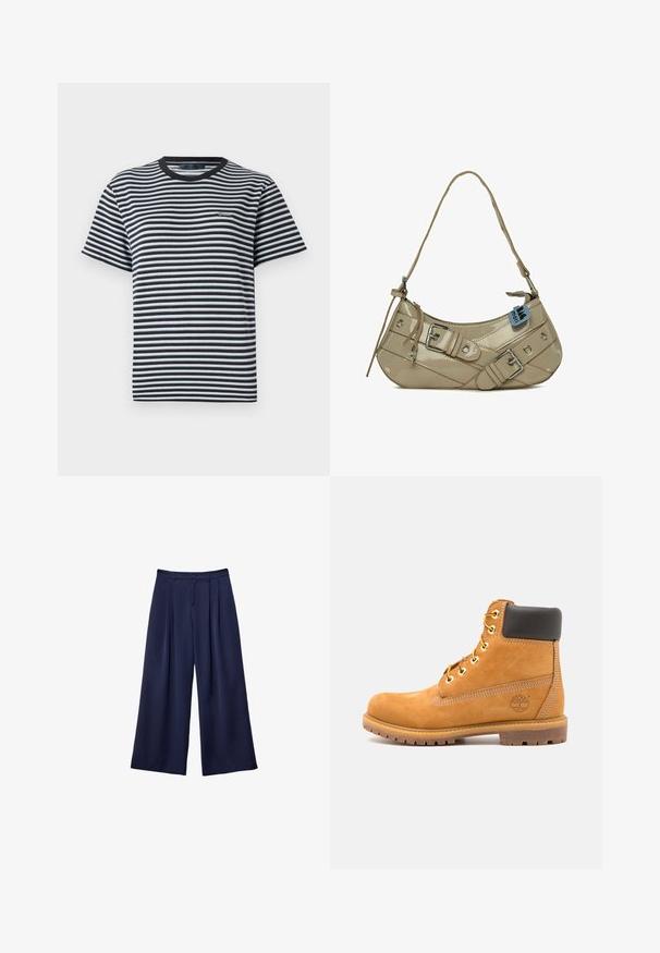 Prugasta majica s crno-bijelim horizontalnim prugama, okruglim izrezom i kratkim rukavima. Izrađena od mekog, laganog materijala.; Tamnoplave široke hlače s plitkim naborima, s gumbom u struku i petljama za remen, prikazane ravno na bijeloj pozadini.; Smeđe kožne gležnjače s crnim podstavama, zlatnim umetkom i teksturiranim potplatom. Imaju kružni logo sa strane i šavove kao naglaske.; Bež torba od lakirane kože s zakrivljenim oblikom, prilagodljivim remenom, srebrnim hardverom, ukrasnim kopčama i kružnim nitnama.