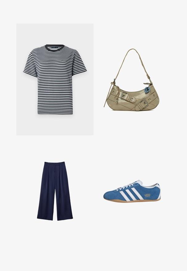 Prugasta majica s crno-bijelim horizontalnim prugama, okruglim izrezom i kratkim rukavima. Izrađena od mekog, laganog materijala.; Tamnoplave široke hlače s plitkim naborima, s gumbom u struku i petljama za remen, prikazane ravno na bijeloj pozadini.; Plave suède tenisice s bijelim kožnim prugama, s zaobljenim vrhom, gumiranim potplatom i zlatnim "adidas TOKYO" natpisom sa strane.; Bež torba od lakirane kože s zakrivljenim oblikom, prilagodljivim remenom, srebrnim hardverom, ukrasnim kopčama i kružnim nitnama.