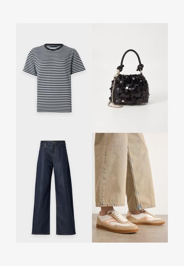 Gestreepte t-shirt met zwart-witte horizontale strepen, ronde halslijn en korte mouwen. Gemaakt van zachte, lichte stof.; Wijdvallende donkerblauwe denimbroeken met een gladde textuur, voorzien van vijf zakken, een knoop en contrasterende stiksels langs de naden.; Tan en crèmekleurige sneakers met een ontwerp van suede en mesh, voorzien van vetersluiting en rubberen zolen, gecombineerd met tan wijde jeans.; Zwarte pailletten mini handtas met een geknoopte textuurriem en zilveren ketting. Rondvormig met een geplooide bovenkant en reflecterende details.