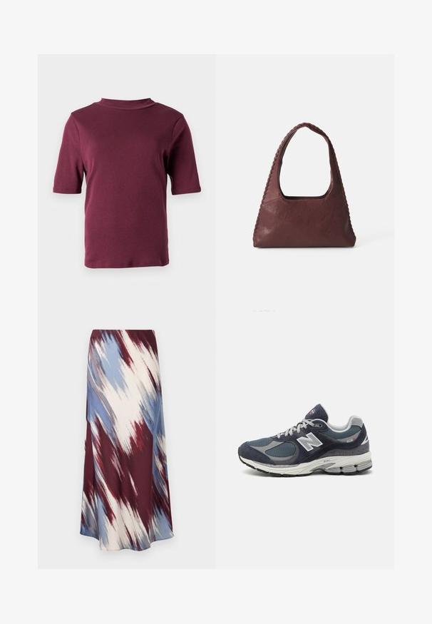 Lühikeste sleeves maroon t-särk, millel on pehmed kaelused, esitatud ühtlase valge tausta taustal.; Pikad seelik, millel on diagonaalne tie-dye muster burgundia, sinise ja kreemja värviga, valmistatud pehmest kangast, omades voolavat siluetti ja kerget sära.; New Balancei tennisetud sinise nailonvõrgu ja seemisnahaga, hallide aktsentidega, valgete logodega, pehmendatud tallaga ja tekstuursete detailidega.; Burgundia nahkkott, millel on kolmnurkne kuju, avatud ülemine osa ja palmikdetail käepideme ääres. Sile tekstuur ja matt viimistlus.