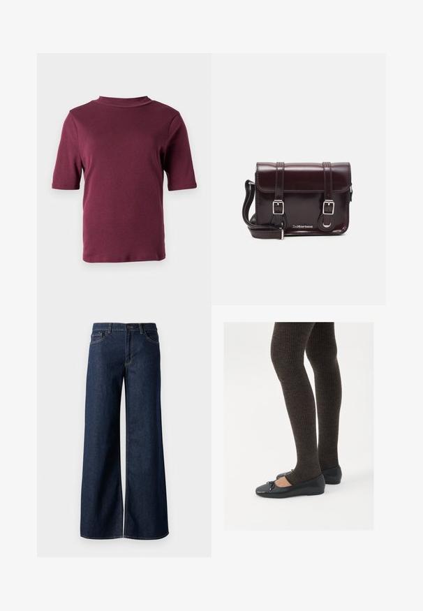 Krátky rukáv vínovej tričko s vysokým golierom, predvedené na jednoduchom bielom pozadí.; Džínsy s širokými nohavicami v tmavomodrom denime. Obsahujú kontrastné prešívanie, päť vreciek a gombíkový zips v oblasti pása. Hladká textúra.; Čierne ploché topánky s malou mašľou na špičke, v kombinácii s tmavohnedými rebrovanými pančuchami. Topánky majú hladký povrch a nízky profil.; Krikvová lakovaná kožená crossbody taška s obdĺžnikovým tvarom, dvoma popruhmi, striebornými doplnkami a prednou klapkou.