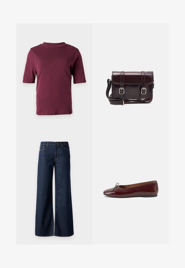 Lühikeste sleeves maroon t-särk, millel on pehmed kaelused, esitatud ühtlase valge tausta taustal.; Laiad teksad tumesinises denimis. Omab kontrastõmblusi, viit taskut ja nupukinnitust vööl. Sile tekstuur.; Burgundi patendnahk kingad balletitüüpi, ümmarguse ninaosa, ees väike paelaaktsent ja madal must kummist tald. Sile tekstuur.; Burgundi värvi patendiga nahast risti koti, millel on ristkülikuline kuju, kaks rihma, hõbedased detailid ja klapi sulgur.