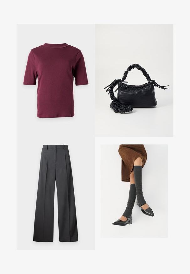 Mikina s krátkým rukávem v barvě kaštanové s límečkem, vystavená na čistě bílém pozadí.; Široké kalhoty z tmavě šedé látky, s vysokým pasem, jedním skladem a hladkou texturou s čistým zakončením na lemech.; Černé lakované boty s špičatou špičkou, blokovým podpatkem a kotníkovým páskem, spárované s šedými žebrovanými návleky na nohy a hnědskou sukní z semiše.; Černá kabelka z umělé kůže s krokodýlím vzorem, staženým vrškem a zmačkaným popruhem. Zdá se, že má měkký a kompaktní design.