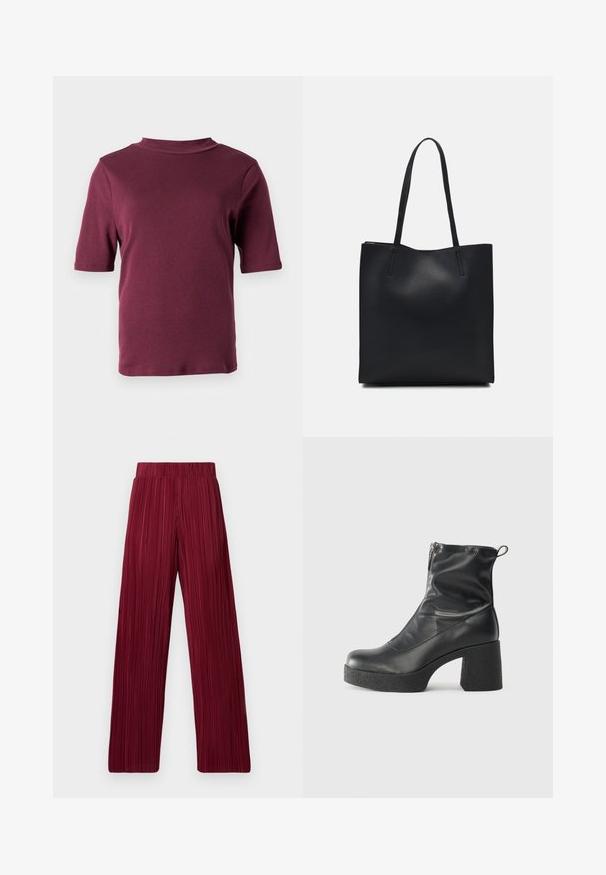 Short-sleeve maroon t-shirt with a mock neck collar, displayed against a plain white background.; Maroon pleated wide-leg pants with an elastic waistband. Textured fabric features vertical stripes. Straight cut to the hem.; Black ankle boots made of smooth leather, featuring a side zipper, chunky textured heel, and rounded toe design.; Black leather tote bag with smooth texture, rectangular shape, and two long handles. No visible hardware or embellishments.