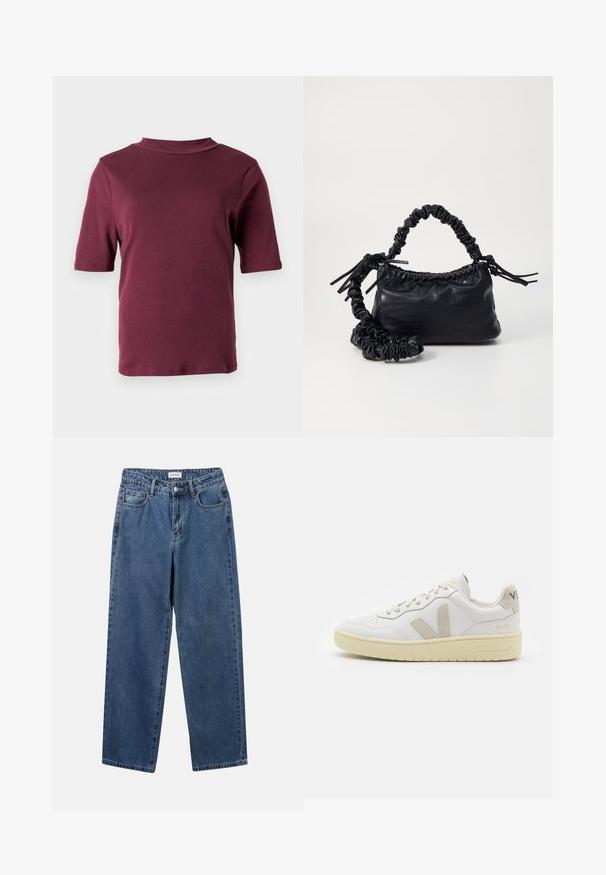 Tricou maron închis cu mânecă scurtă și guler fals, expus pe un fundal alb simplu.; Jeans clasice din denim albastru, cu un design drept, cinci buzunare și închidere cu nasture. Prezentând o spălare medie și o textură rezistentă.; Pantofii sport din piele albă cu accente din suede bej, cutie pentru degete perforată, șireturi plate și o talpă texturată de crem. Prezintă branding subtil pe călcâi.; Geantă din faux leather neagră cu textură de crocodil, cu partea superioară strânsă și o curea mototolită. Pare moale și compactă ca design.