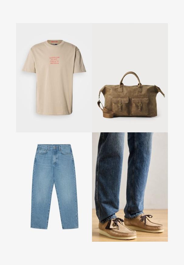Beige bomull t-skjorte med rund hals, korte ermer og rød trykt tekst: "SCOTCH & SODA ART DEPT. CLASS OF '85 AMSTERDAM."; Lyseblå denim brede benbukser med høy midje, som har fem lommer, beltehemper og en myk, lett falmet tekstur.; Suedes mokasiner i tan med mørkebrune detaljer, rund tå og myk hvit såle. Har snøring og sømdetaljer.; Brun lær duffelbag med to frontlommer, justerbar skulderrem, gullfarget maskinvare og robuste topphåndtak. Glatt tekstur.