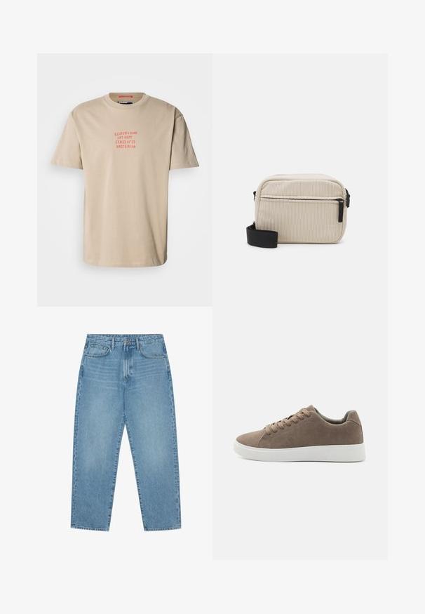 Beige bomulds t-shirt med rund hals, korte ærmer og rød trykt tekst: "SCOTCH & SODA ART DEPT. CLASS OF '85 AMSTERDAM."; Lys blå denim wide-leg jeans med høj talje, der har fem lommer, bæltestropper og en blød, let falmet tekstur.; Brune ruskinds sneakers med flade hvide gummisåler, snørelukning, rund tå og en glat overflade. Minimalistisk stil med diskrete syninger.; Cremefarvet kordfløjl crossbody taske med en sort lynlås, aftagelig skulderrem og struktureret mønster. Har et hovedrum og en frontlomme.