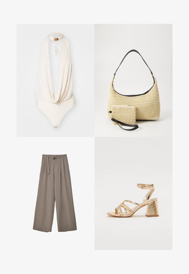Bodysuit boje kreme s drapiranim dekolteom, halter dizajnom i dekorativnim zlatnim privjeskom u obliku zmije. Glatka tekstura, pripijen silueta.; Široke hlače u mekoj, prigušenoj sivoj tkanini, s remenom na struku i plisiranim detaljima za dodatni dizajn. Glatka tekstura, bez uzoraka.; Zlatne metalik sandale s potpeticom koje imaju dizajn s trakama, kvadratnu blok potpeticu i podesivu naramenicu s kopčom. Glatka tekstura.; Tkana torba od slame s zakrivljenom siluetom, koja sadrži glatku crnu kožnu naramenicu i odgovarajući mali neseser koji je pričvršćen narukvicom.
