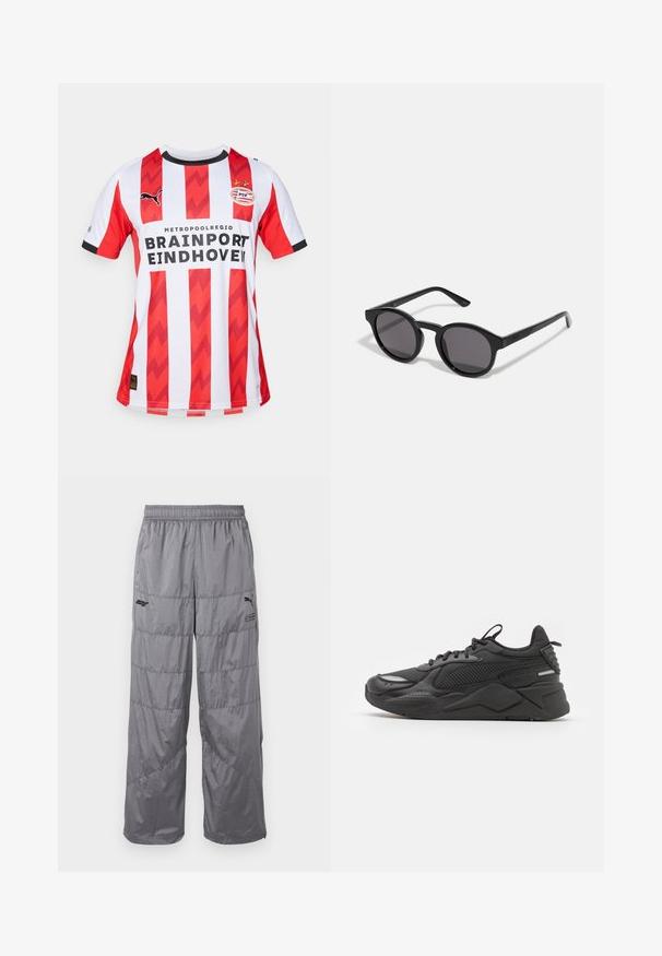 Rdeče in bele navpično prugaste nogometne majice z zigzag vzorci, z logotipom Puma, grbom PSV Eindhoven in črnim obrobom okoli ovratnika.; Sive puffer hlače z elastičnim pasom, z znakom kvadratnega vzorca in majhnim črnim logotipom na levi stegna. Lahka material.; Črne tenisice z teksturirano zgornjico, ki vključuje mrežaste in sintetične materiale, debelem podplatu ter odsevnimi detajli za boljšo vidnost.; Črne sončna očala z okroglim, rahlo valovitim okvirjem, temnimi lečami in ravnimi črnimi ročaji. Gladka, sijajna površina brez vidnih vzorcev.