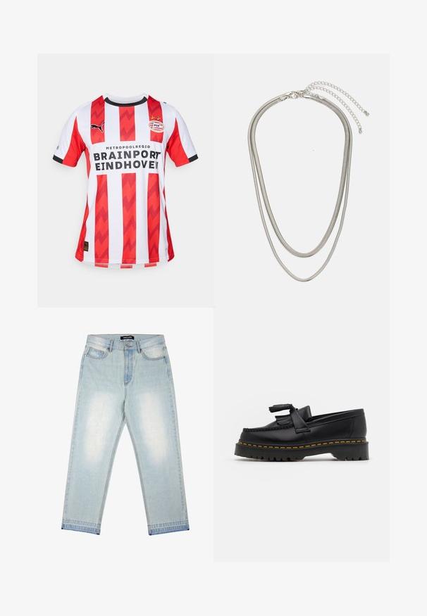 Vörös és fehér, függőleges csíkos focimez, zigzag mintázatokkal, Puma logóval, PSV Eindhoven emblémával, és fekete díszítéssel a nyaknál.; Pegador BARROW - Bő szabású farmernadrág - sand washed blue; Fekete bőr mokaszin, rojtos díszítéssel, masszív fekete talppal és sárga varrással az élén. Texturált felület.; Háromrétegű ezüstszínű fém nyaklánc, letisztult, rugalmas láncokkal, enyhe fényességgel, homárkapoccsal rögzítve és állítható lánccal.