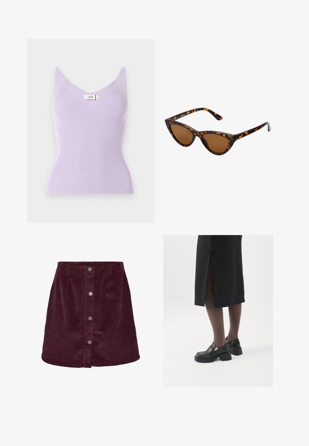 Lilac ribbed sleeveless top with a V-neckline and a fitted design. Material appears soft with vertical texture details. Brand label visible.; Burgundy corduroy mini skirt with a-line shape, featuring five silver buttons down the front and subtle ribbed texture.; Black leather shoes with a rounded toe, thick block heel, and elastic side accents, paired with dark tights and a black skirt with a slit.; Cat-eye sunglasses with a black and orange tortoiseshell frame, brown lenses, and sleek, pointed tips. Features a minimal logo on the temple.