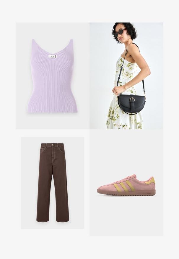 Lilac ribbed sleeveless top with a V-neckline and a fitted design. Material appears soft with vertical texture details. Brand label visible.; Brown wide-leg denim pants with contrasting stitching, five pockets, and a metal button closure. Smooth texture, straight cut.; Pink suede sneaker with three yellow stripes, rounded toe, and textured rubber sole. Low profile design with a cushioned collar.; Black leather handbag with a curved shape, detachable strap, and gold hardware. The bag features a flap with a buckle detail.
