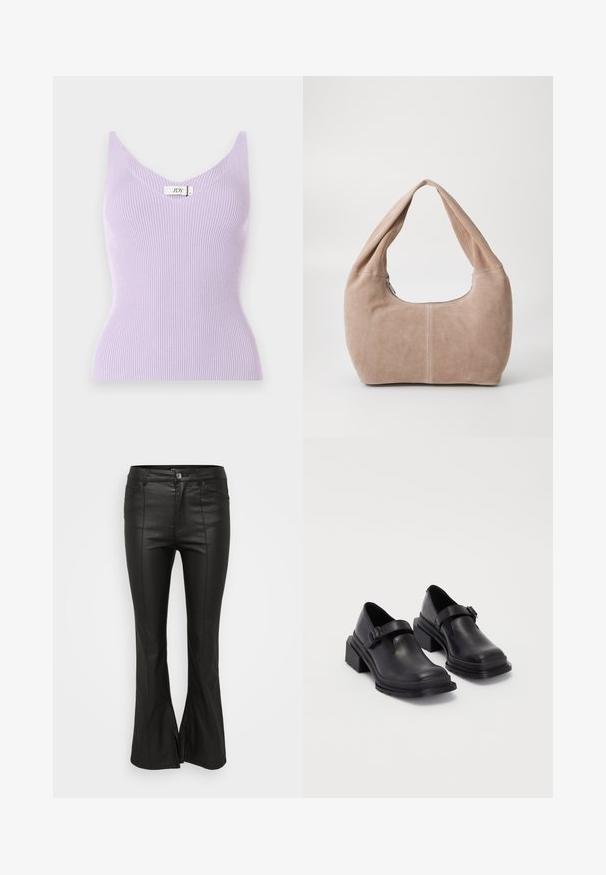 Lila ribbade ärmlösa topp med V-ringning och figurnära passform. Materialet verkar mjukt med vertikala texturdetailler. Varumärkesetikett synlig.; Mustat leveälahkeiset housut, joissa on kiiltävän kumimainen pinta, etutaskut, nappisuljenta ja sivuaukot helmassa.; Mustat nahkakengät, joissa on pyöreä varvas, litteä pohja ja soljellinen hihna. Paksu lohkopohja lisää vakautta.; Matkakassi, joka on valmistettu pehmeästä, mokkanahasta vaaleanbeigessä värissä. Ominaisuuksiin kuuluu pyöreä muoto, leveä hihna ja vetoketjukiinnitys.