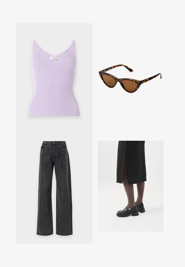 Lila bordázott ujjatlan felső V-nyakkal és testhez simuló fazonnal. Az anyag lágy érzetű, függőleges textúra részletekkel. A márka címkéje látható.; Noisy May NMJANNEL LOOSE - Laza szabású farmerek - black denim; Fekete bőr cipők lekerekített orral, vastag blokk sarkakkal és elasztikus oldalsó díszítésekkel, sötét harisnyával és hasítékkal ellátott fekete szoknyával párosítva.; Cica szemüveg fekete és narancssárga teknőc pánttal, barna lencsékkel és sima, hegyes végekkel. A templomán egy minimalista logó található.
