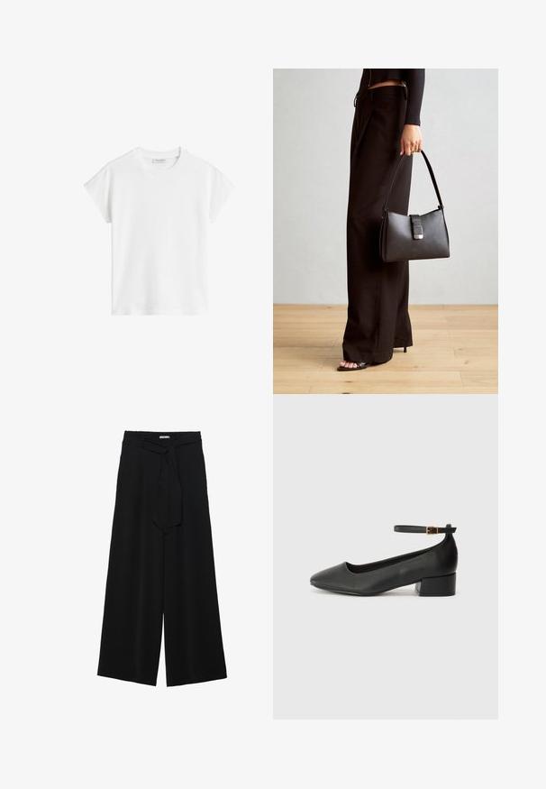 Bílý krátký rukávový tričko vyrobené z bavlny. Má volný střih s kulatým výstřihem a mírně posunutými ramenními švy. Bez vzorů nebo akcentů.; Černé kalhoty s širokými nohavicemi, vyrobené z texturované tkaniny, s elastickým pasem a odnímatelným páskem na úpravu velikosti.; Černé kožené lodičky s špičatou špičkou a nízkým blokovým podpatkem. Obsahují pásek kolem kotníku se zlatou sponou. Hladký povrch.; Černá kabelka se strukturovaným tvarem, hladkým povrchem a kovovým uzávěrem. Kombinována s širokými černými kalhotami a sandály s otevřenou špičkou na dřevěné podlaze.